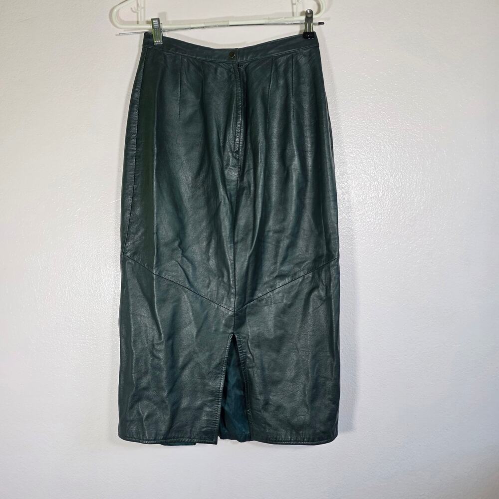 Vintage Pia Rucci Genuine Leather Midi Skirt Dark Olive Green Womens Size 6